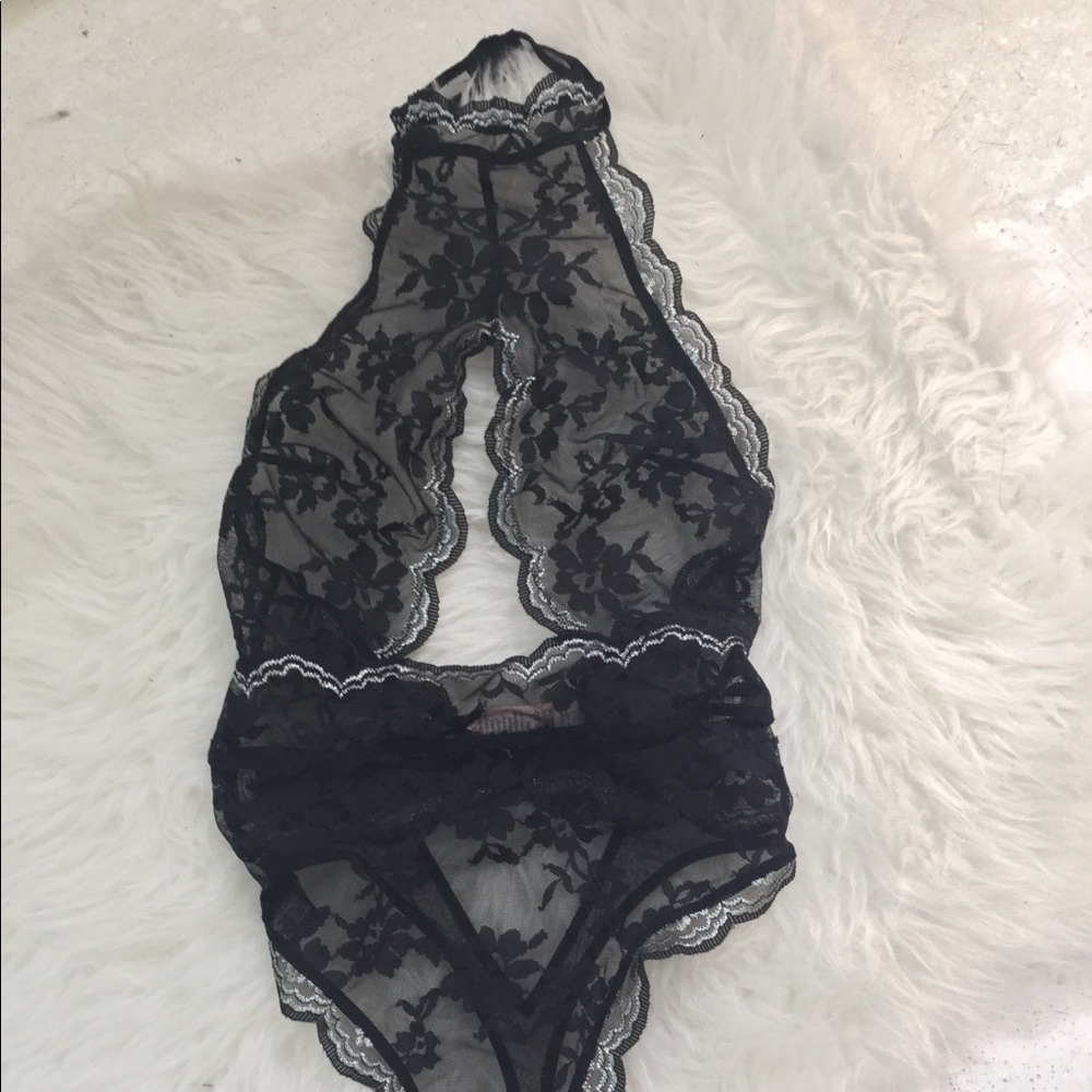 Black and silver lace high neck halter body suit